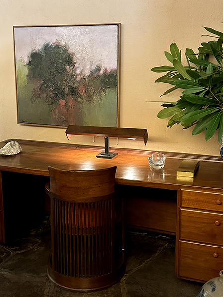 desk with rhododendrons
